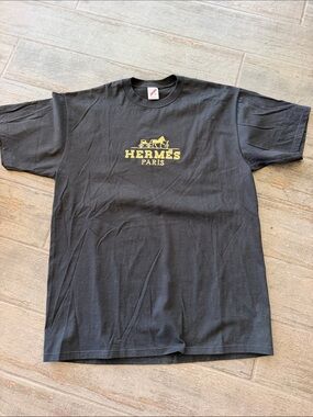 Jerzees Black T-Shirt with Yellow Hermes Paris Logo